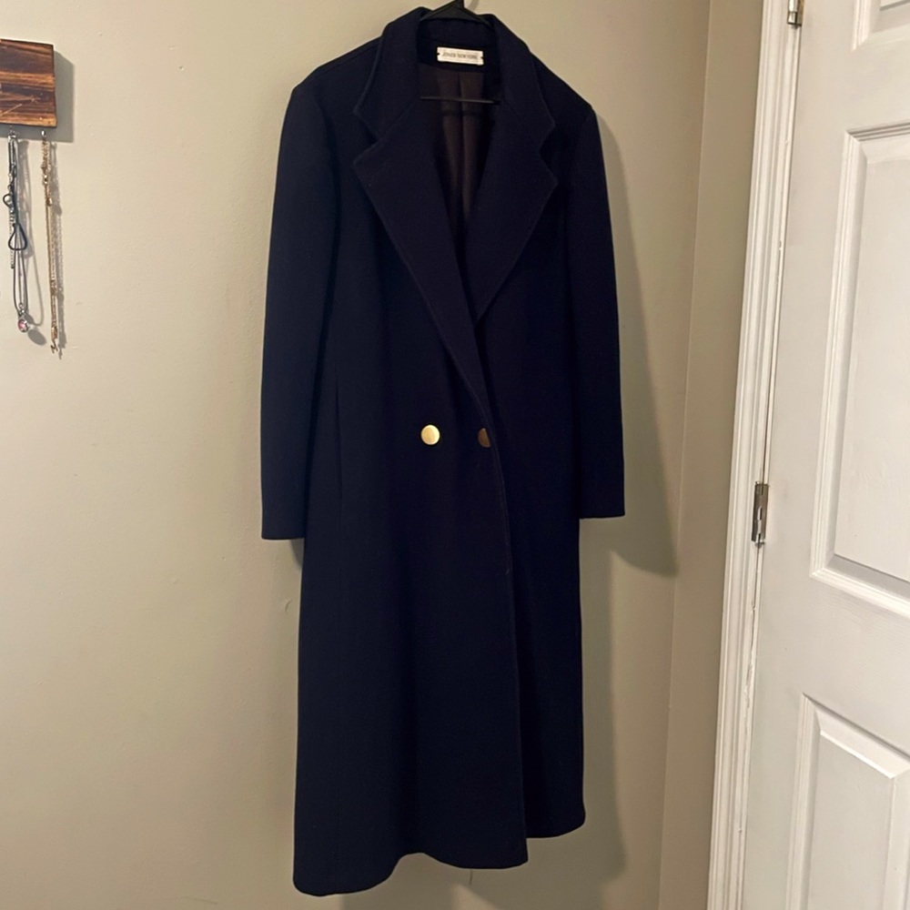 Large, navy blue trench coat by Jones New York.